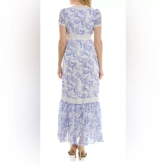 Taylor Women’s Blue & White Floral Tiered V‑Neck Fit & Flare Maxi Dress – Size 8 - Picture 2 of 14